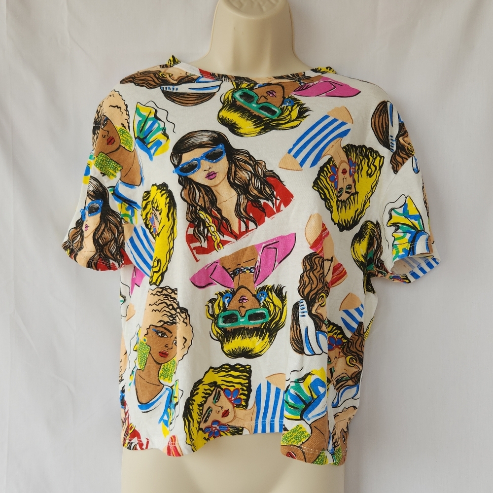 Zara Multicolor Pop Art Graphic Tee with Faces M | Indie | Bold | Statement